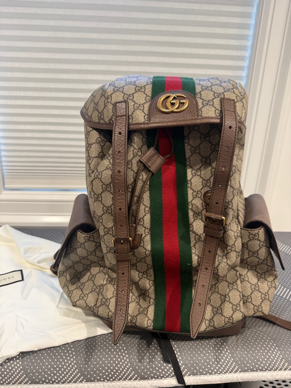Gucci Beige GG Canvas Backpack with Green and Red Web